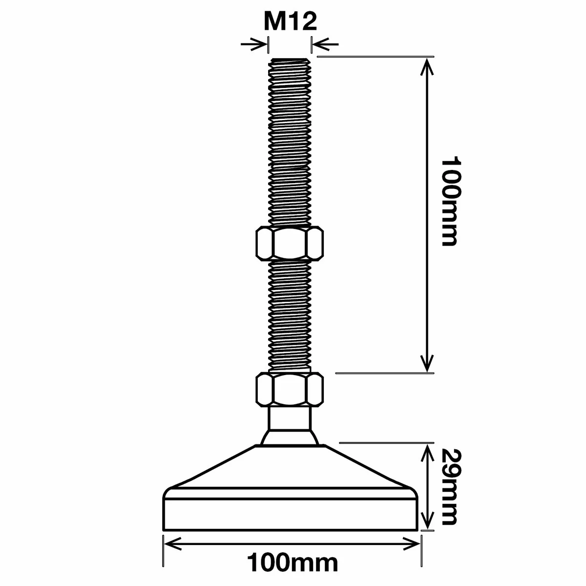 Richmond Bolt Down Levelling Foot - 100mm x M12 - Zinc Plated - Adjustable - Image 2