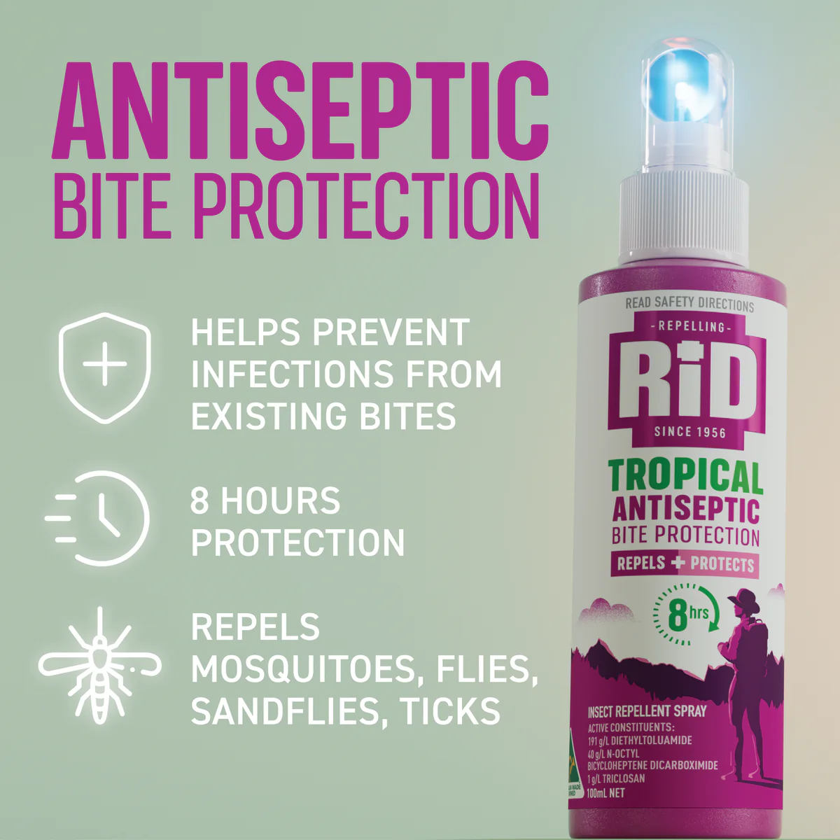 RID Tropical Antiseptic Bite Protection Spray - 100ml - DEET - Mosquito Repellent - Image 5