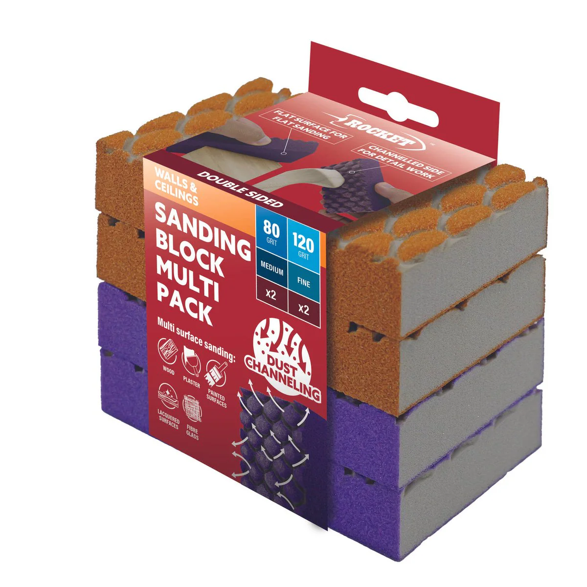 Rocket Walls and Ceilings Sanding Block Multi Pack - 4 Blocks - 115mm x 25mm x 68mm - Dual-Sided Design - Dust-Channelling - Image 2