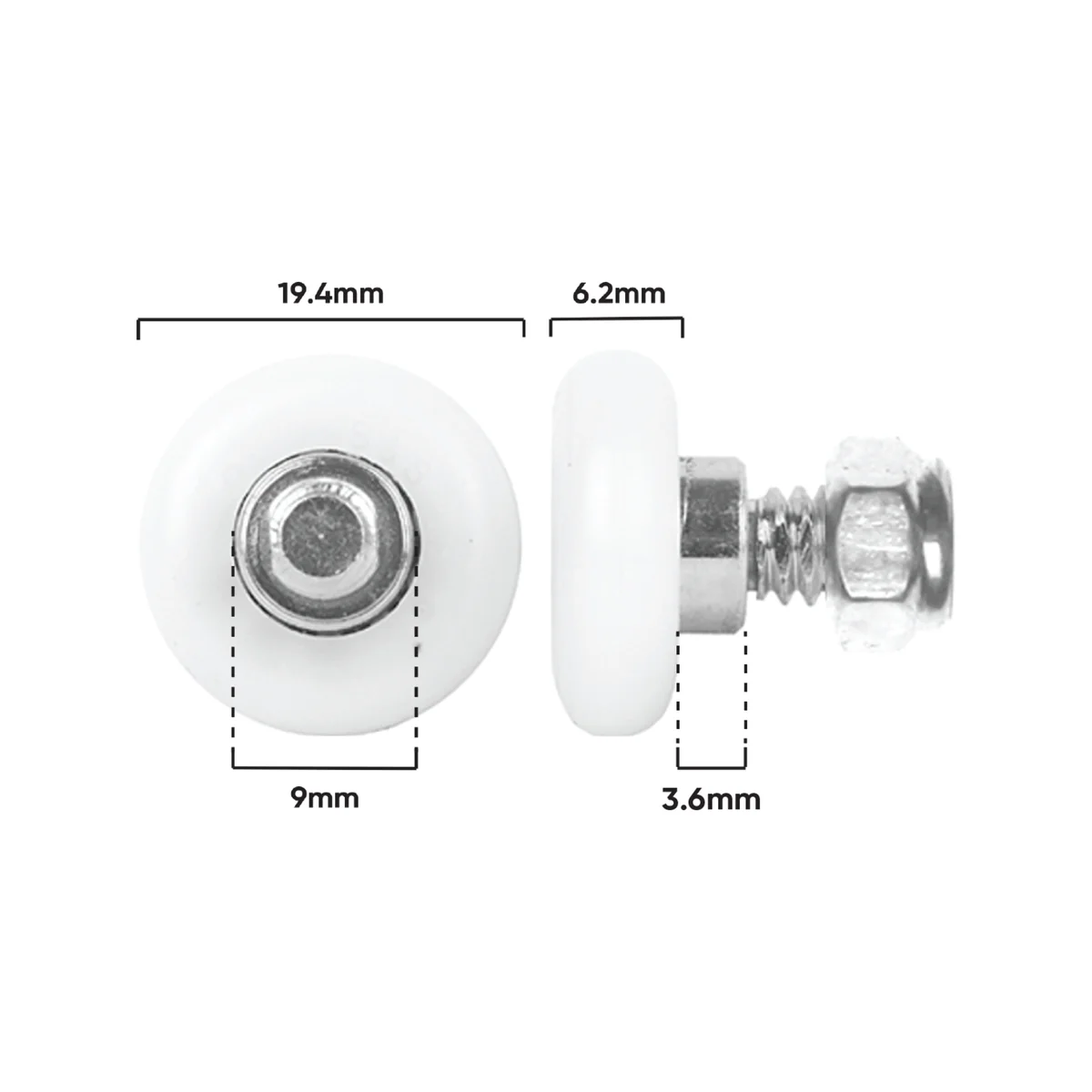 Rolltrak 19mm Acetal Convex Roller with Threaded Stud - White - Single - Image 2
