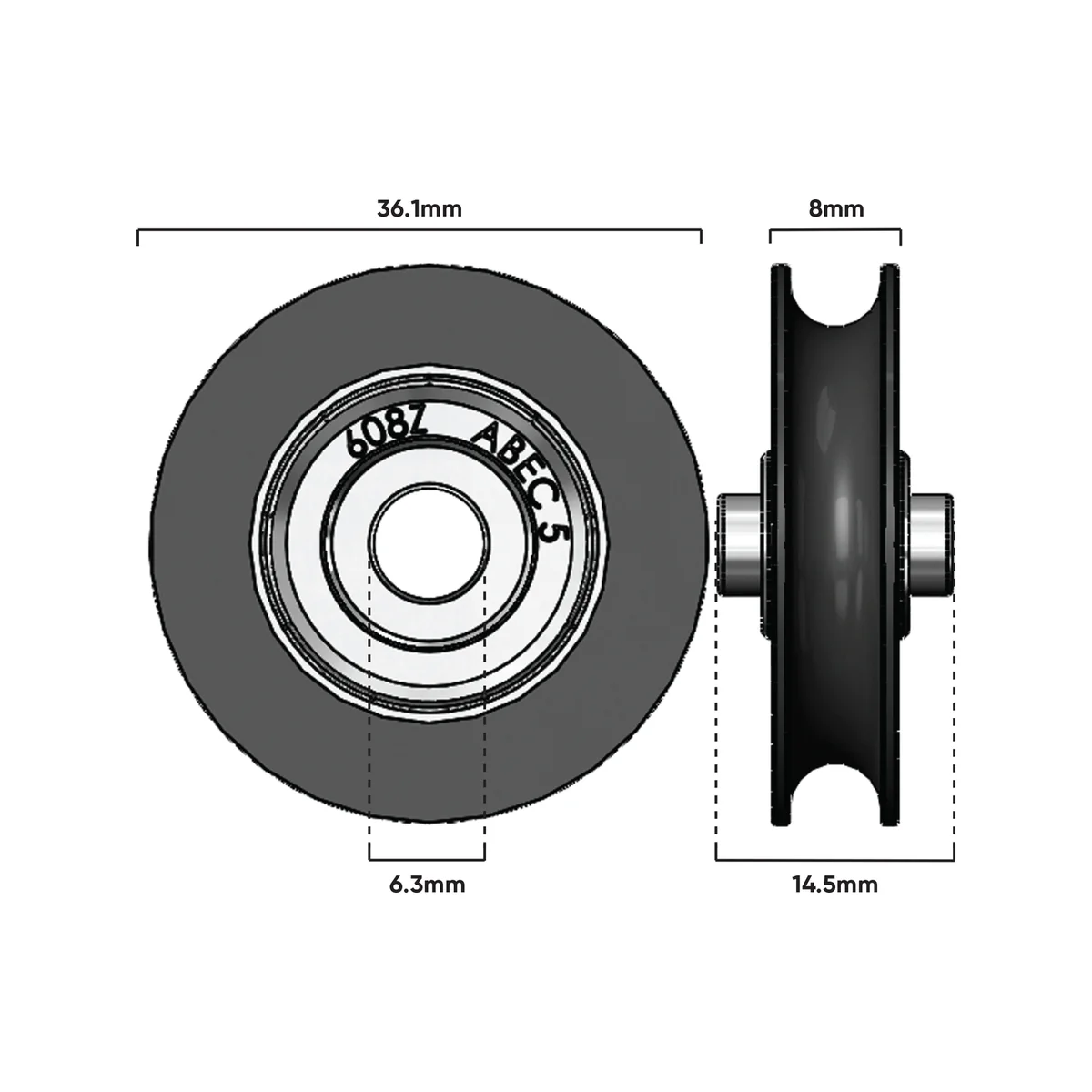 Rolltrak Concave Roller - 36mm - Nylon - 6.4mm Axle - Image 2