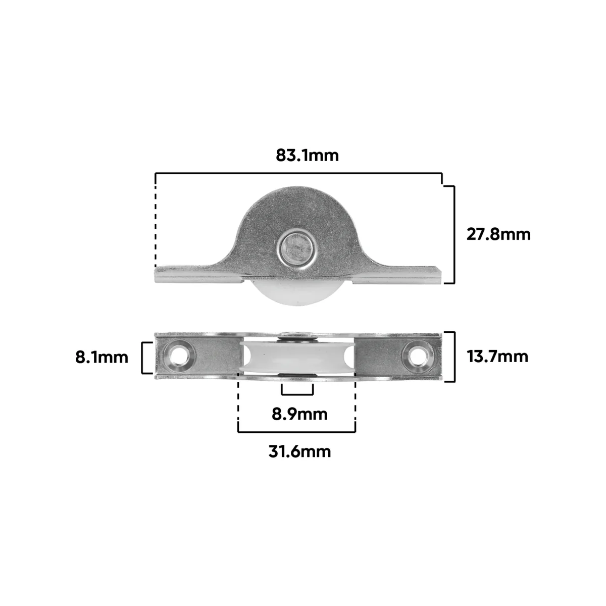 Rolltrak Steel Carriage - 83mm x 28mm - Steel - 30kg Load Capacity - Image 2