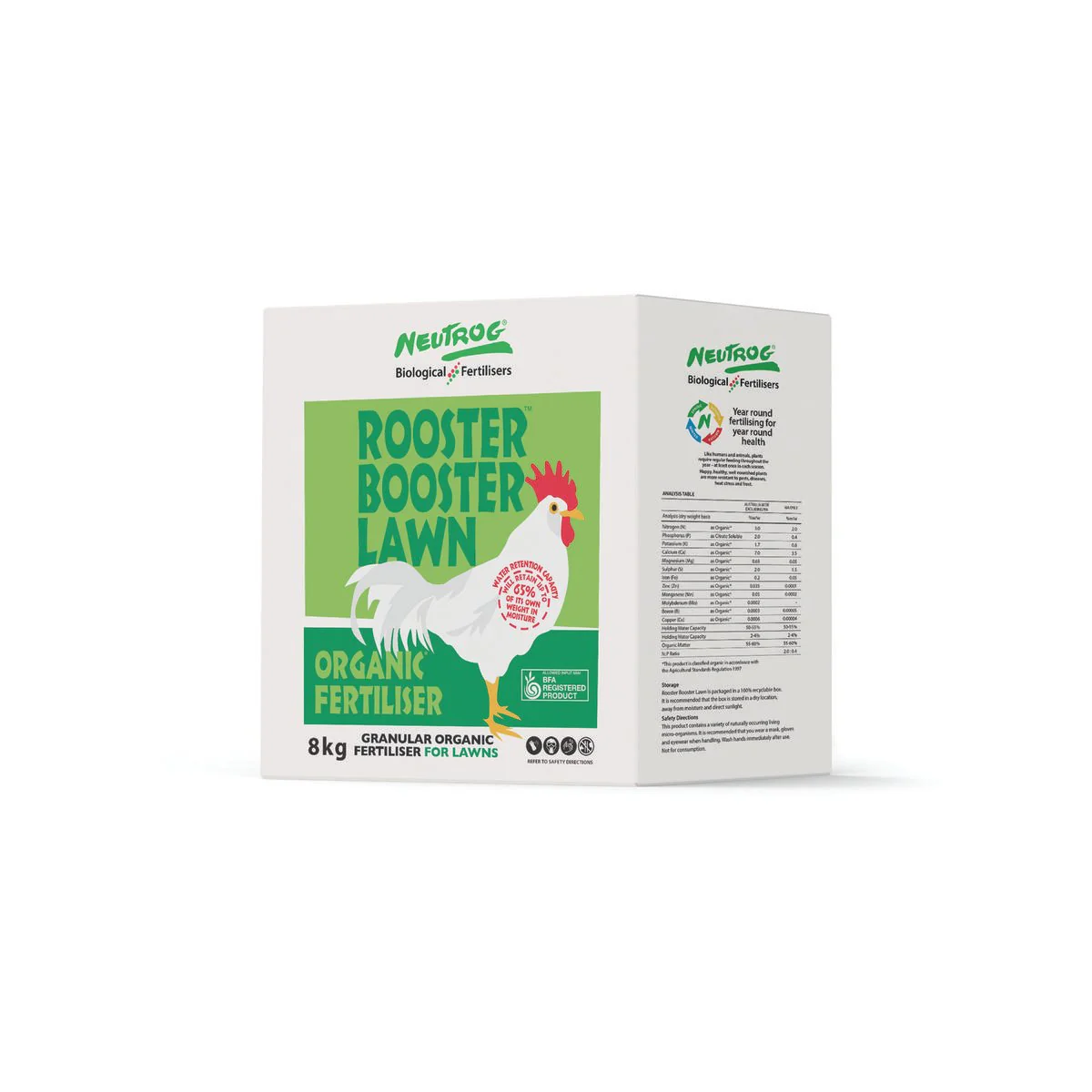 Rooster Booster Organic Lawn Food 8kg - Year-Round Nourishment - 295mm x 300mm x 165mm