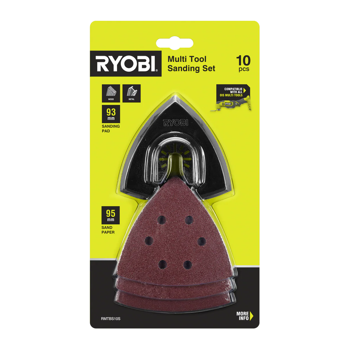Ryobi 10 Piece Multi Tool Sanding Set - 93mm Pad - 9 Sanding Sheets - 80/120/240 Grit