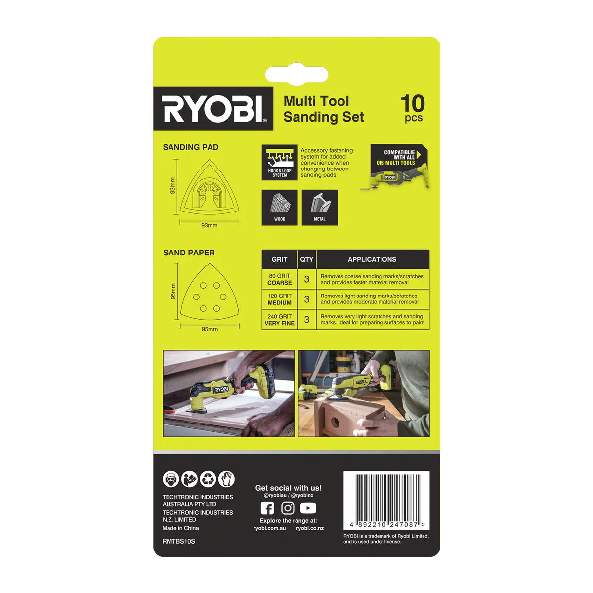 Ryobi 10 Piece Multi Tool Sanding Set - 93mm Pad - 9 Sanding Sheets - 80/120/240 Grit - Image 2