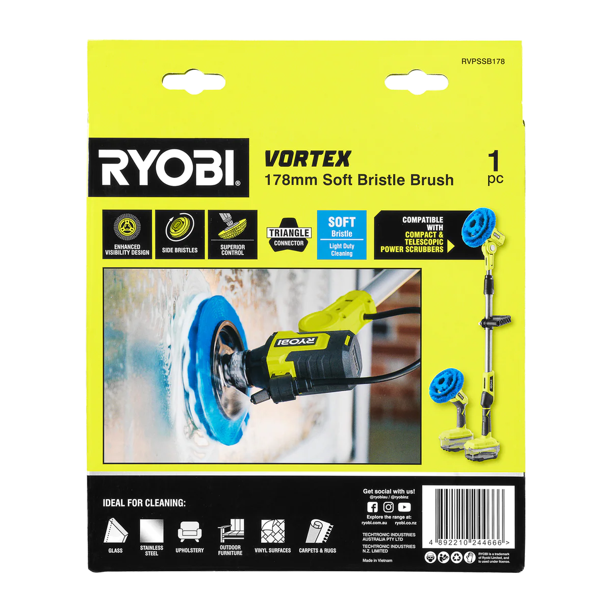 Ryobi 178mm Soft Bristle Power Scrubber Brush - Light Duty Cleaning Tool - Image 3