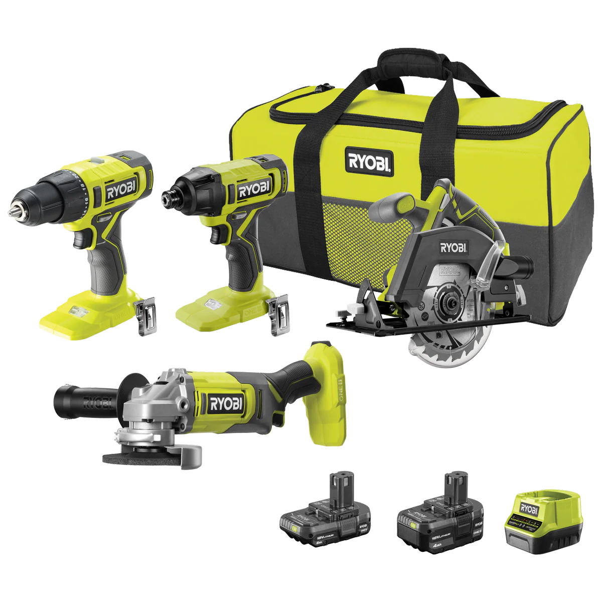 Ryobi 18V ONE+ 4-Piece Kit R18X4C1422B - Drill Driver, Impact Driver, Grinder, Saw - 585mm x 295mm x 225mm