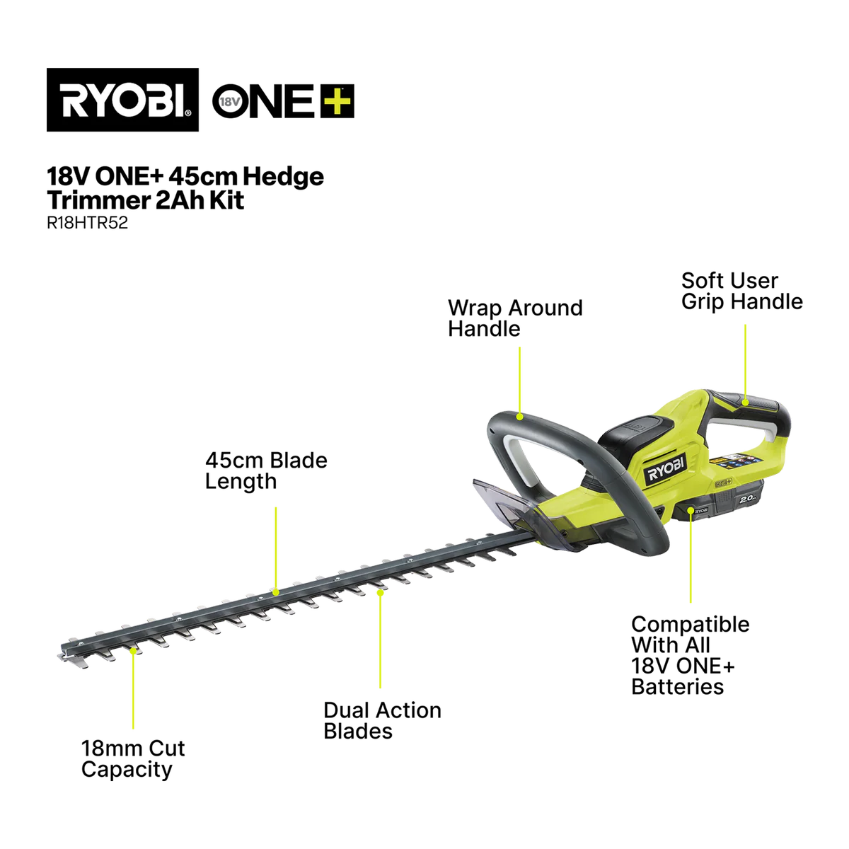 Ryobi 18V ONE+ 45cm Hedge Trimmer Kit - 2.0Ah Battery & Charger - Lightweight - Image 2