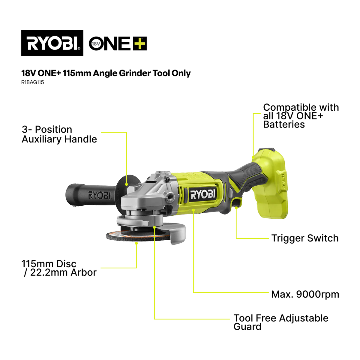 Ryobi 18V ONE+ Angle Grinder Kit - 115mm - 4.0Ah Battery - Cutting & Grinding - Image 2