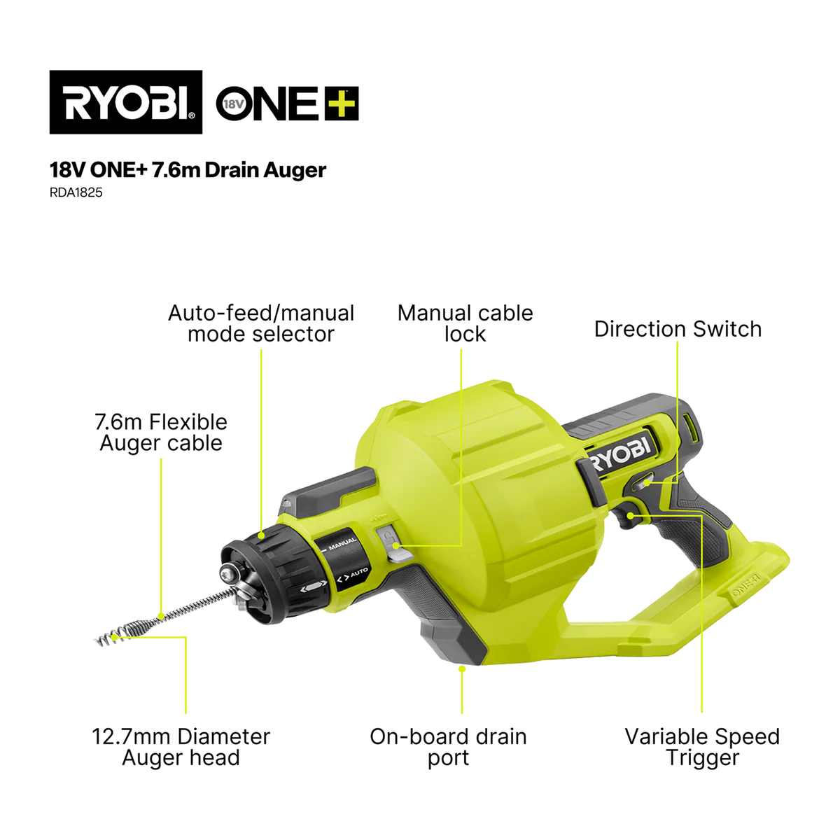 Ryobi 18V One Drain Auger Tool Only - 7.6m Reach - Clears Blockages - Image 2