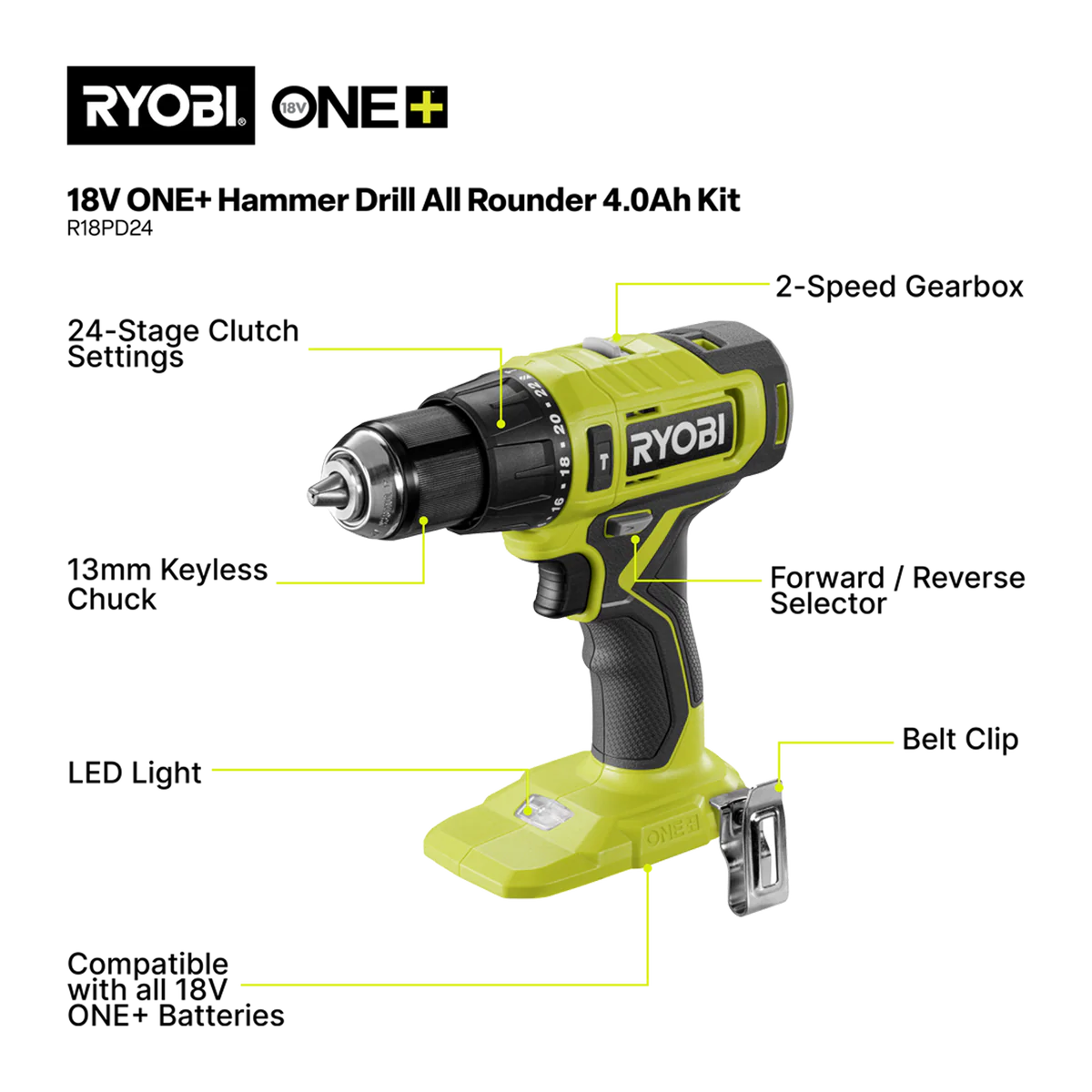 Ryobi 18V ONE+ Hammer Drill All Rounder Kit - 4.0Ah Battery - 13mm Chuck - LED Light - Image 2