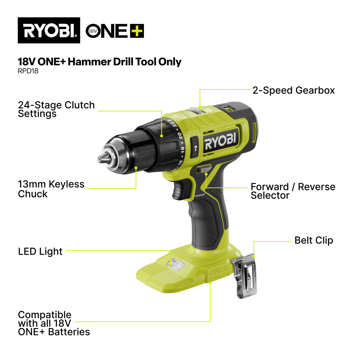 Ryobi 18V ONE+ Hammer Drill RPD18 - Cordless Tool - 2-Speed Gearbox - LED Light - Image 2