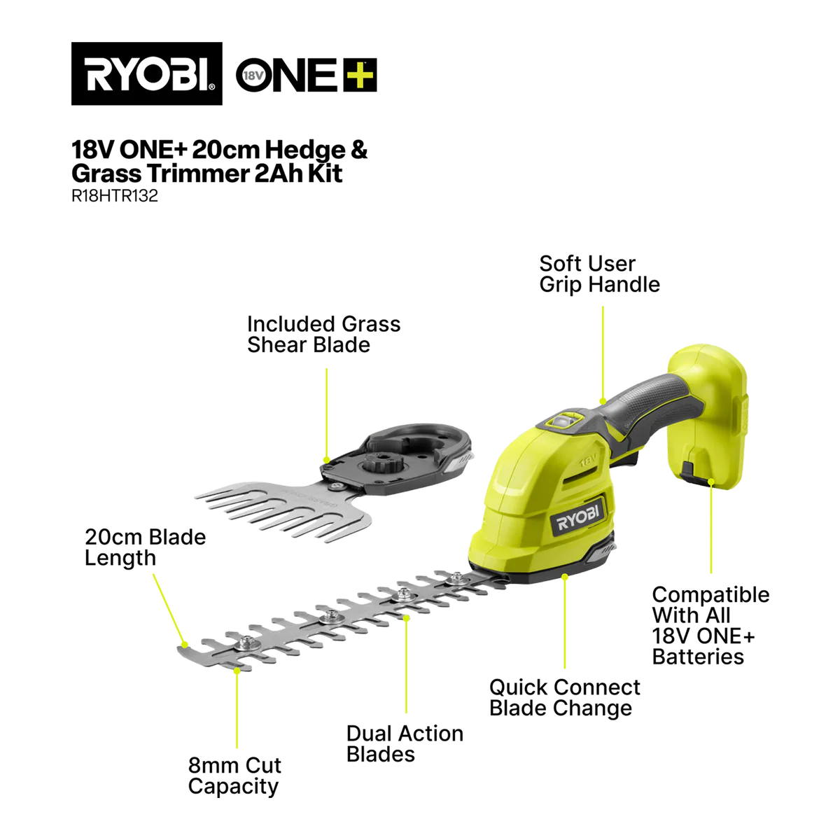 Ryobi 18V ONE+ Hedge Grass Shears 2.0Ah Kit R18HTR132 - 217mm Bar Length - 80 Minutes Runtime - Image 2