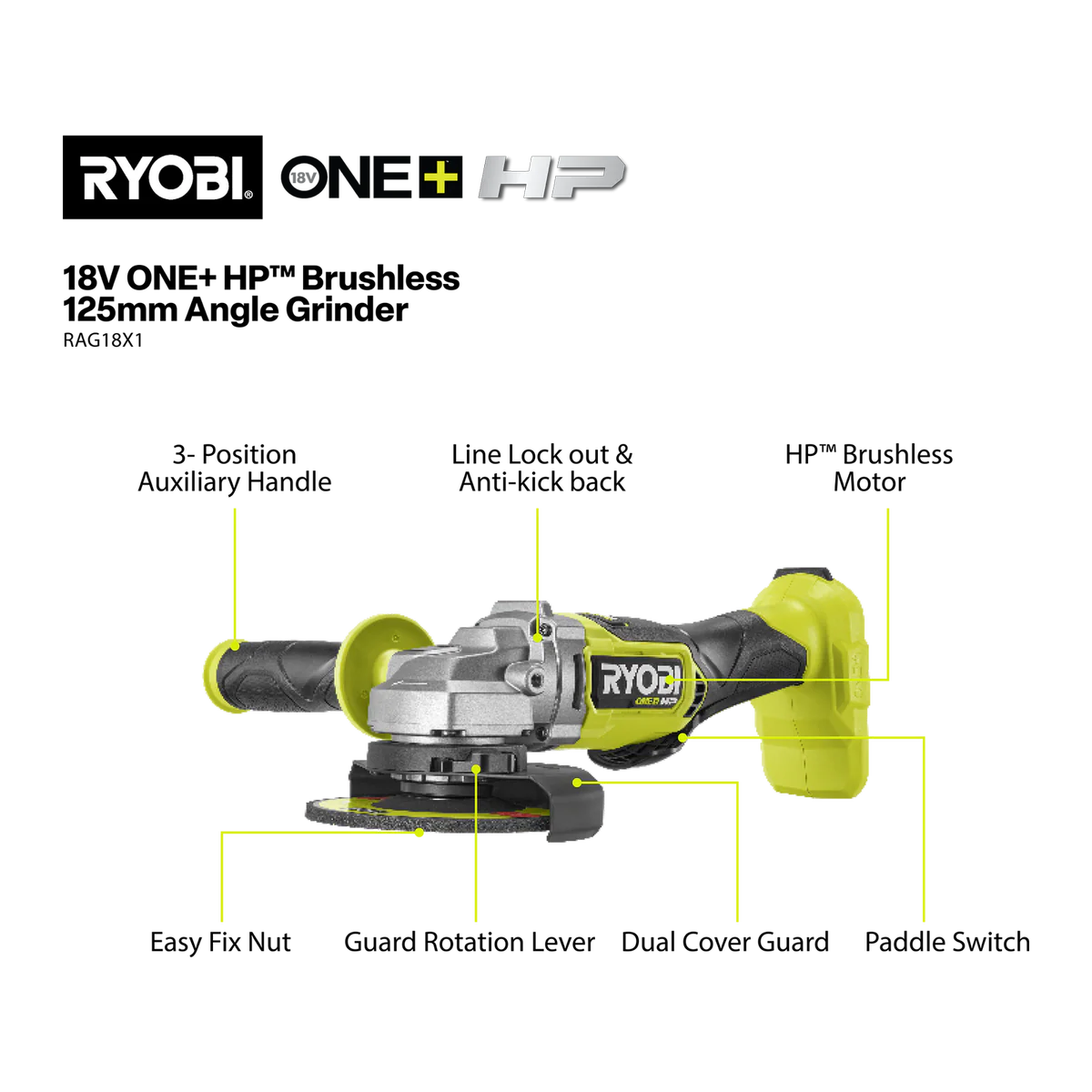 Ryobi 18V One+ HP 125mm Angle Grinder Tool Only - 9000rpm - Versatile Cutting & Grinding - Image 2