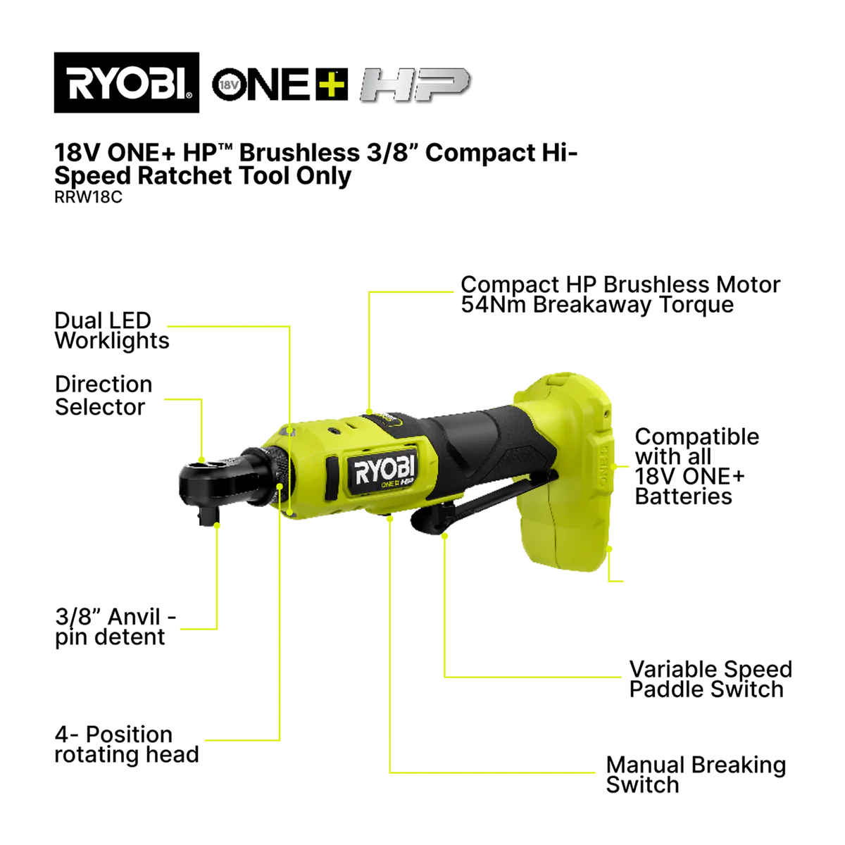 Ryobi 18V ONE+ HP Brushless ⅜" Compact High-Speed Ratchet - 54Nm Torque - 460rpm - Image 2
