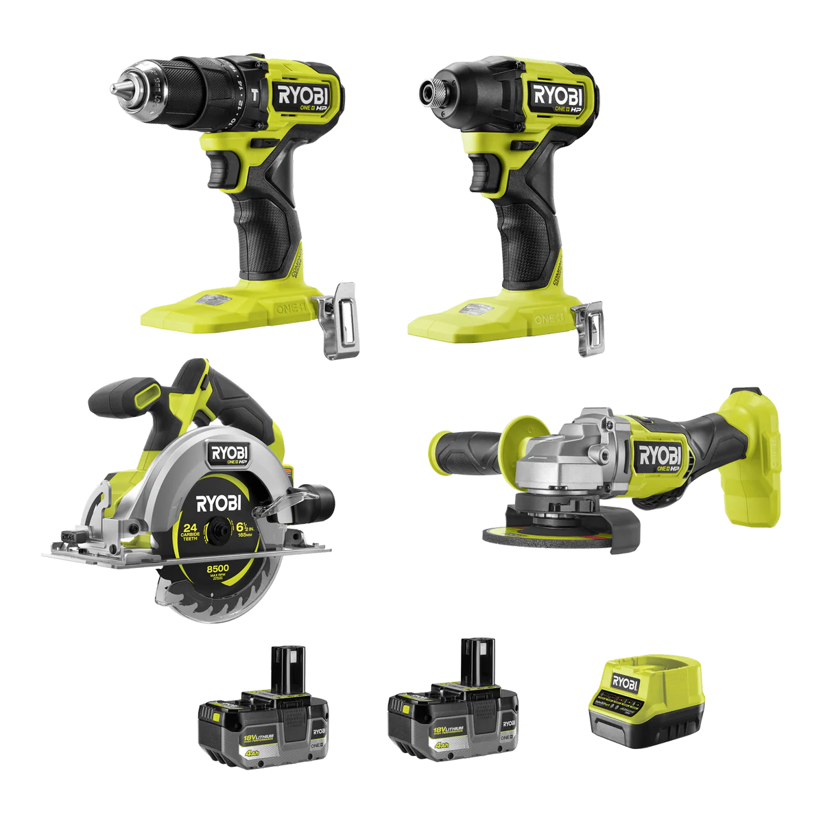 Ryobi 18V ONE+ HP Brushless 4-Piece 4Ah Kit - Hammer Drill, Impact Driver, Circular Saw, Angle Grinder - 60Nm Torque, 240Nm Torque, 55mm Cutting Depth