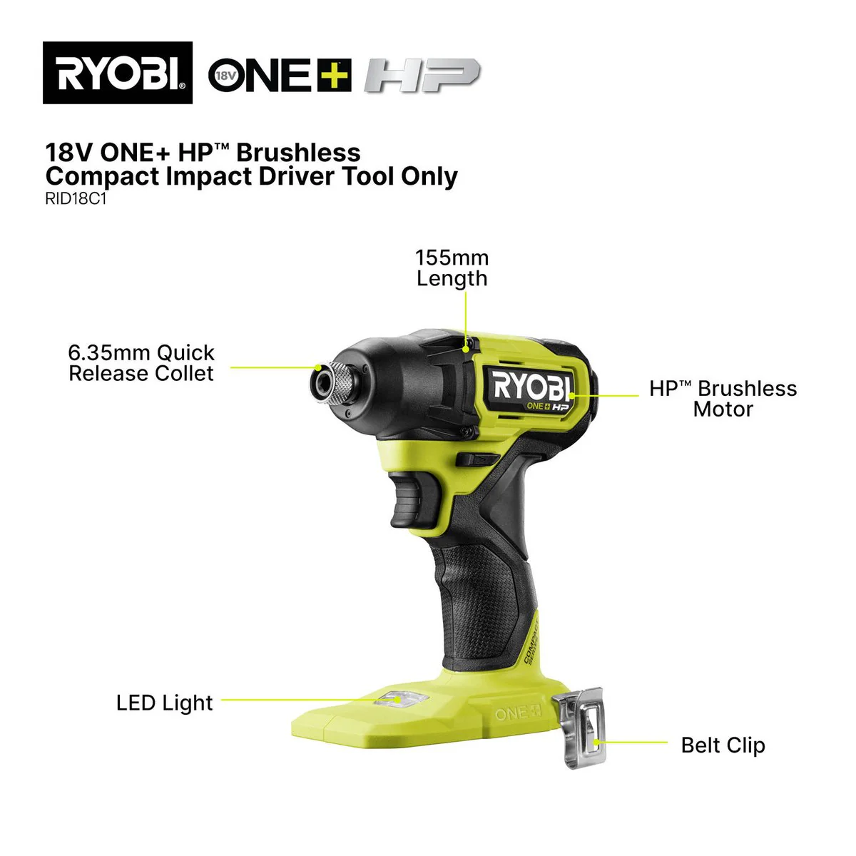 Ryobi 18V ONE+ HP Brushless Compact Impact Driver Tool Only - 240Nm Torque - Lightweight 0.85kg - Image 2