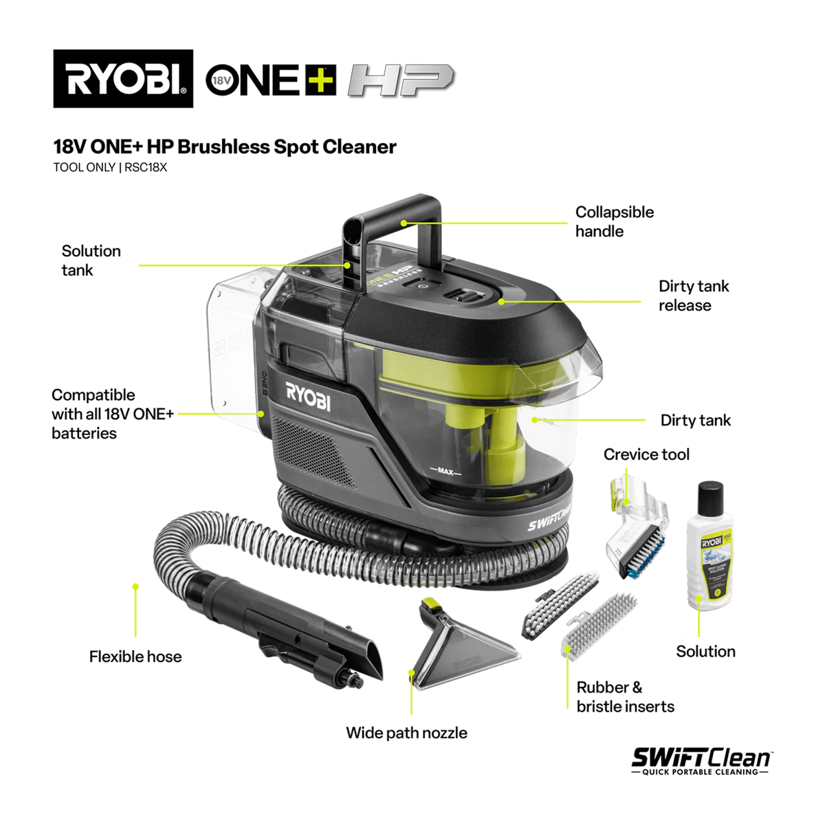 Ryobi 18V ONE+ HP Brushless Swiftclean Spot Cleaner Tool Only - 250ml - Portable Stain Remover - Image 2