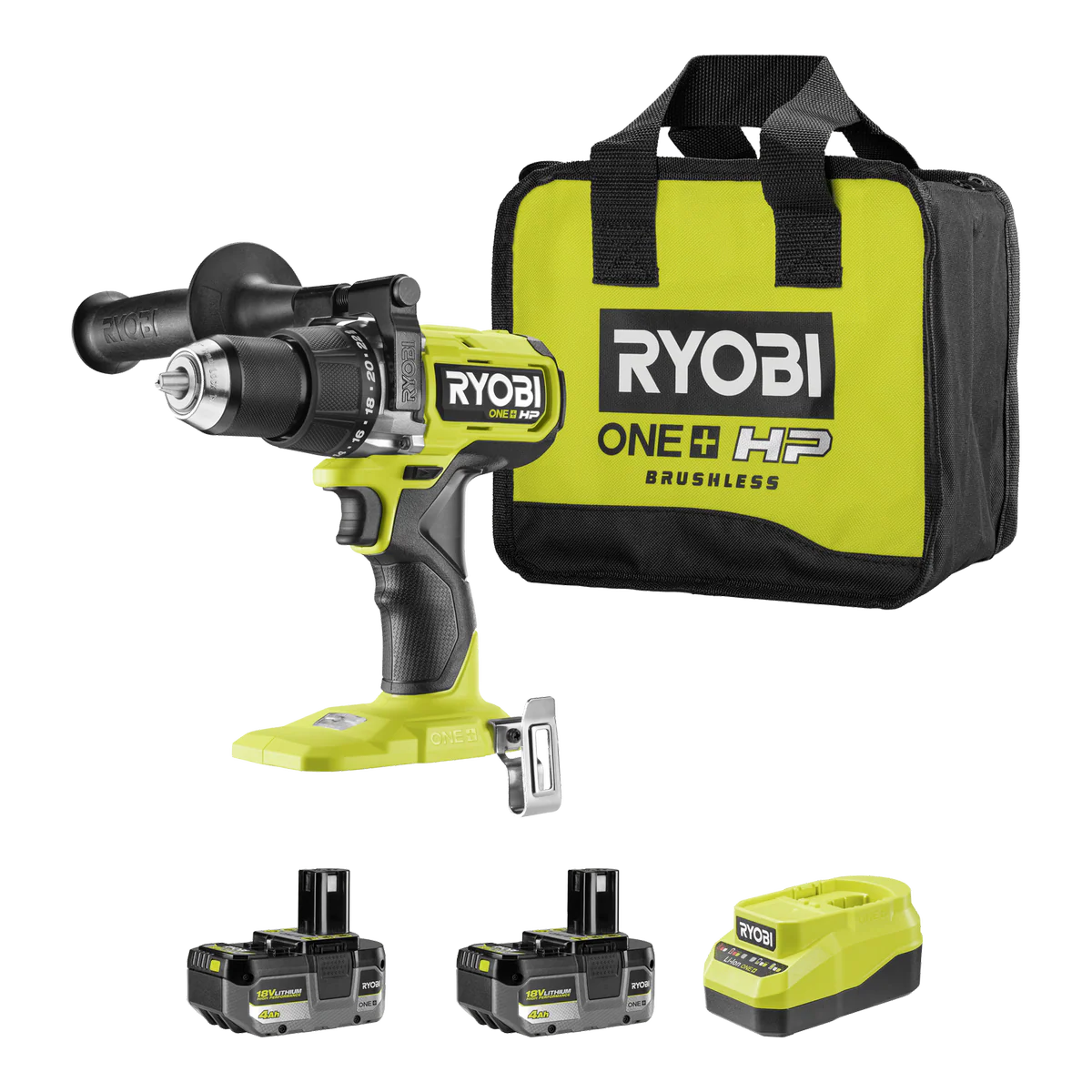 Ryobi 18V ONE+ HP High Torque Hammer Drill Kit - 2x 4Ah Batteries - 110Nm Torque