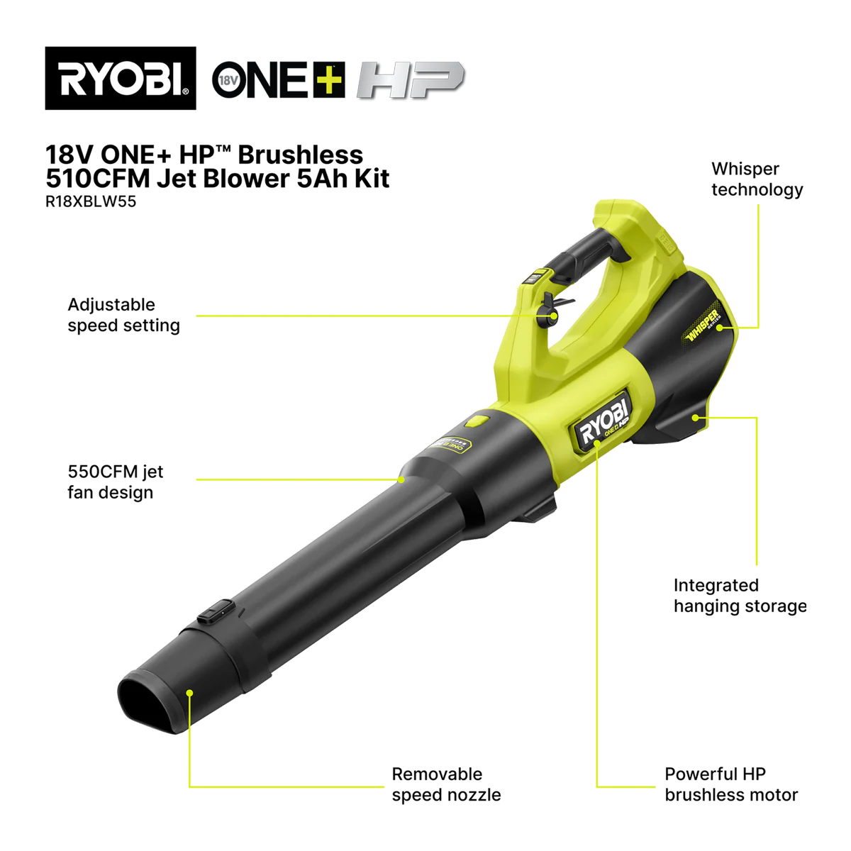 Ryobi 18V ONE+ HP Jet Blower 510CFM 5.0Ah Kit R18XBLW55 - Efficient Debris Clearance - Image 2
