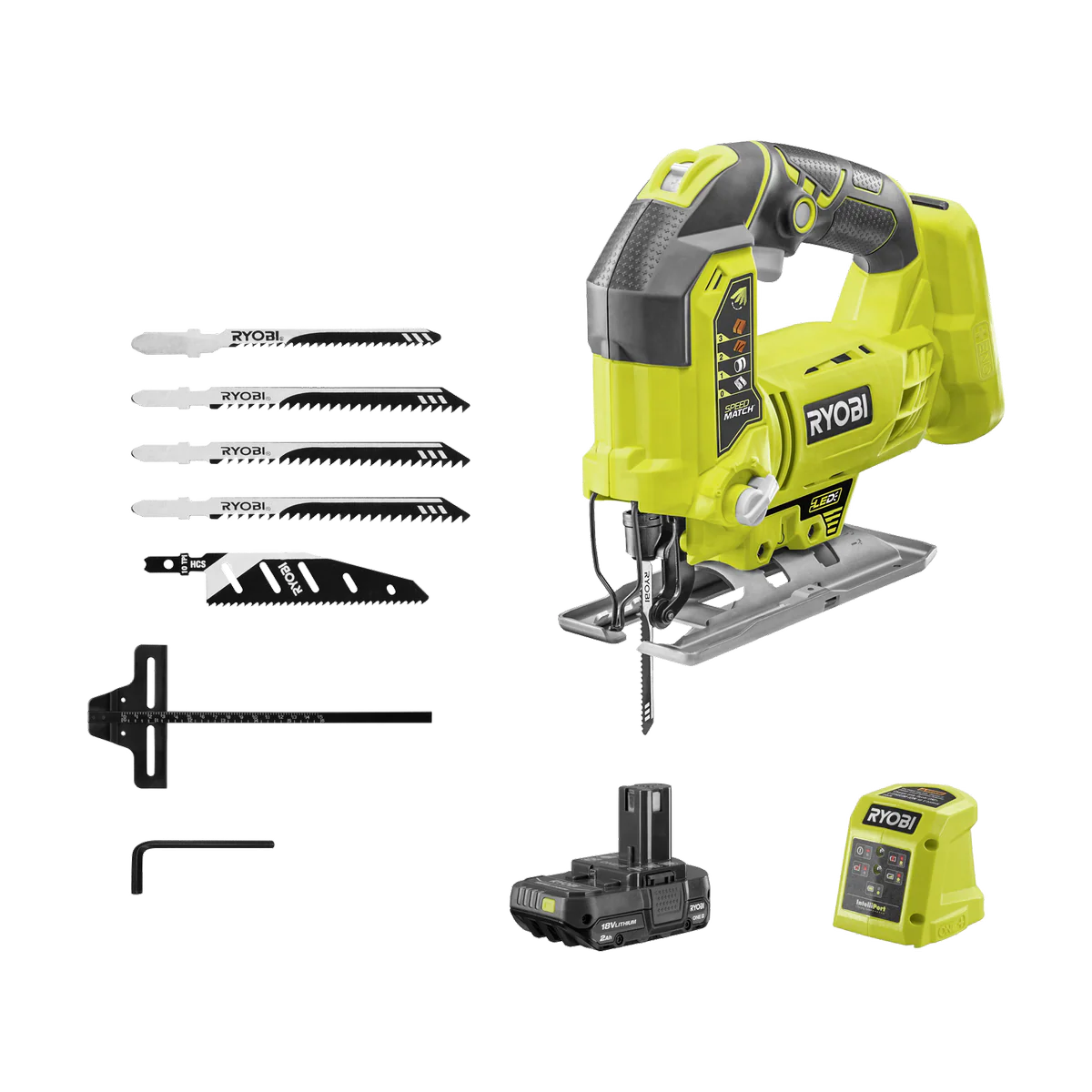 Ryobi 18V ONE+ Jigsaw Kit - 2Ah Battery & Charger - 108mm x 226mm x 388mm