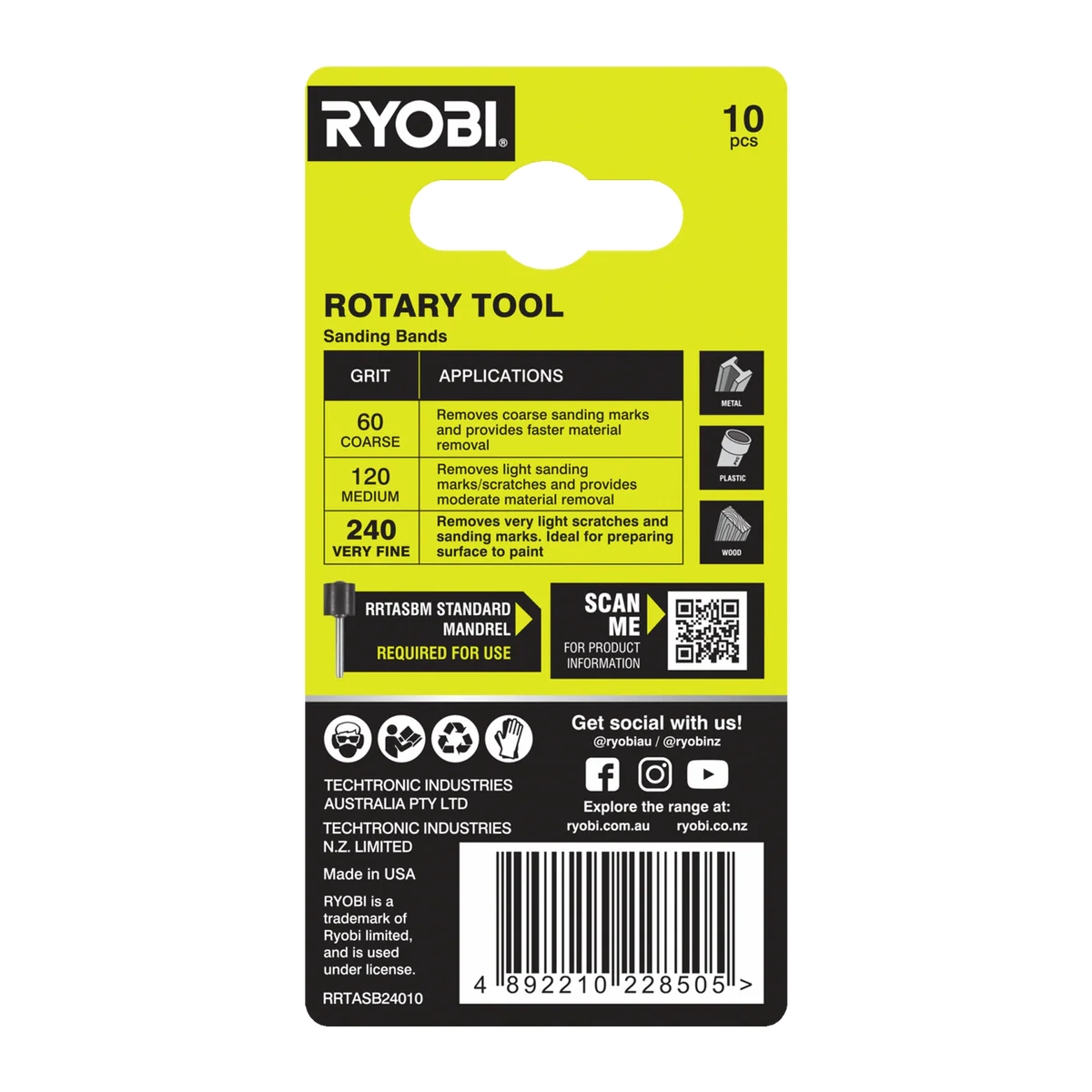 Ryobi 240 Grit Sanding Band 10 Pack - 38mm x 1mm - Surface Preparation - Image 2