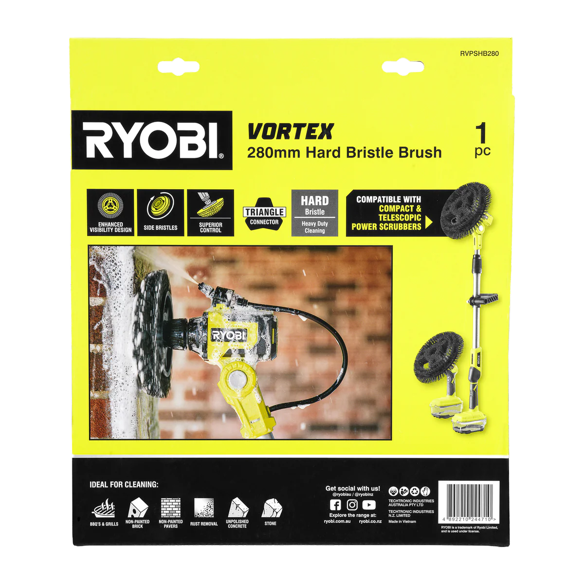 Ryobi 280mm Hard Bristle Power Scrubber Brush - Heavy-Duty Cleaning Tool - Image 3