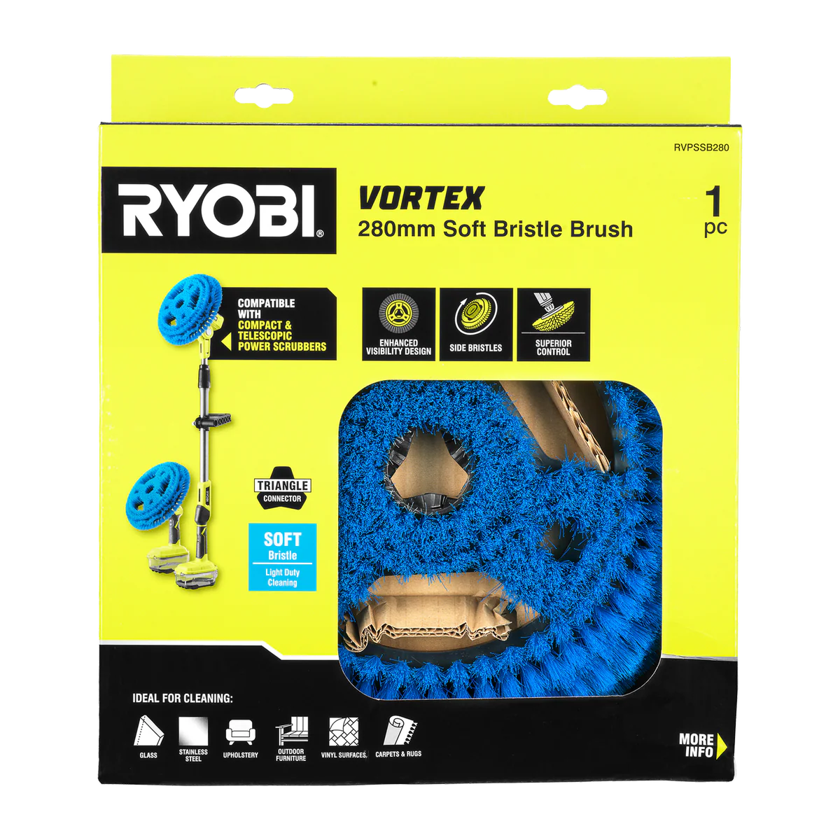 Ryobi 280mm Soft Bristle Power Scrubber Brush - Light Duty Cleaning Tool - Image 2