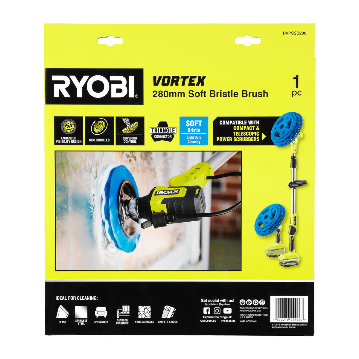 Ryobi 280mm Soft Bristle Power Scrubber Brush - Light Duty Cleaning Tool - Image 3