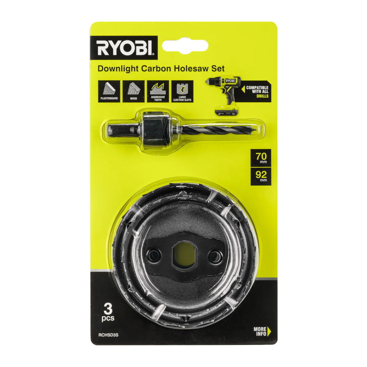 Ryobi 3 Piece Downlight Carbon Holesaw Set - 70mm & 92mm - Fast Cutting