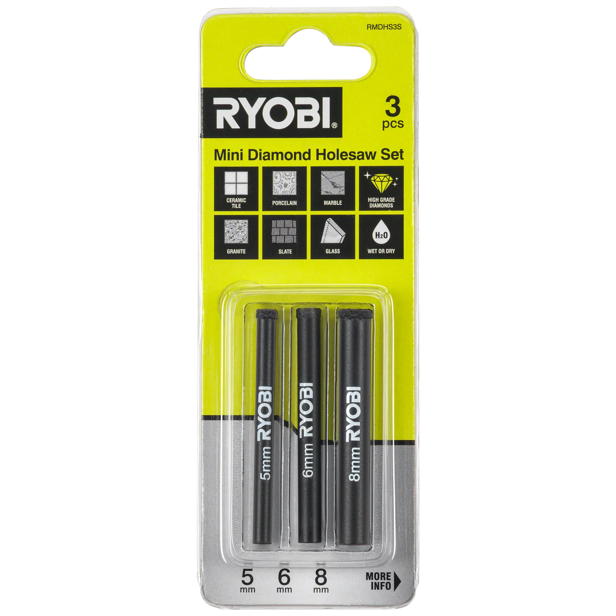 Ryobi 3 Piece Mini Diamond Holesaw Set - 5mm, 6mm, 8mm - Durable for Tile, Glass