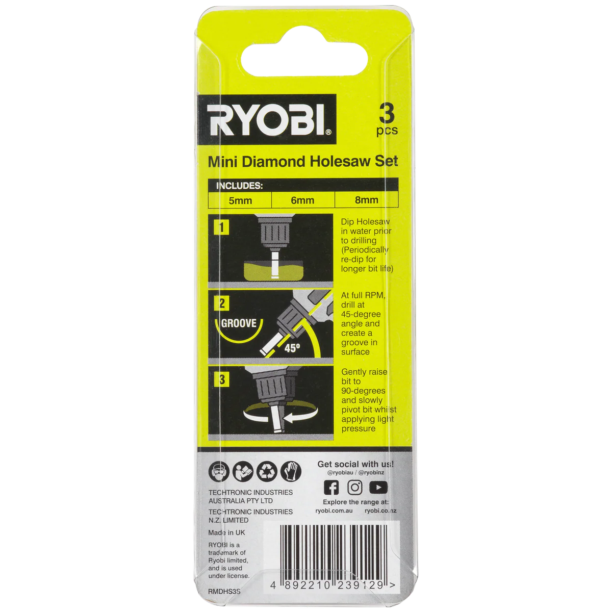 Ryobi 3 Piece Mini Diamond Holesaw Set - 5mm, 6mm, 8mm - Durable for Tile, Glass - Image 2