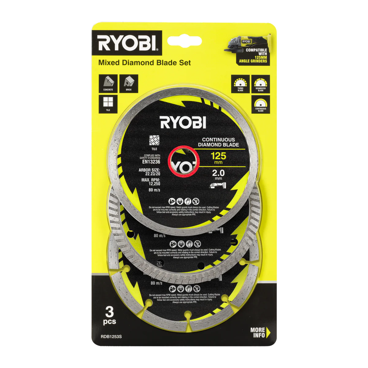 Ryobi 3 Piece Mixed Diamond Blade Set - 125mm - Durable Cutting Efficiency