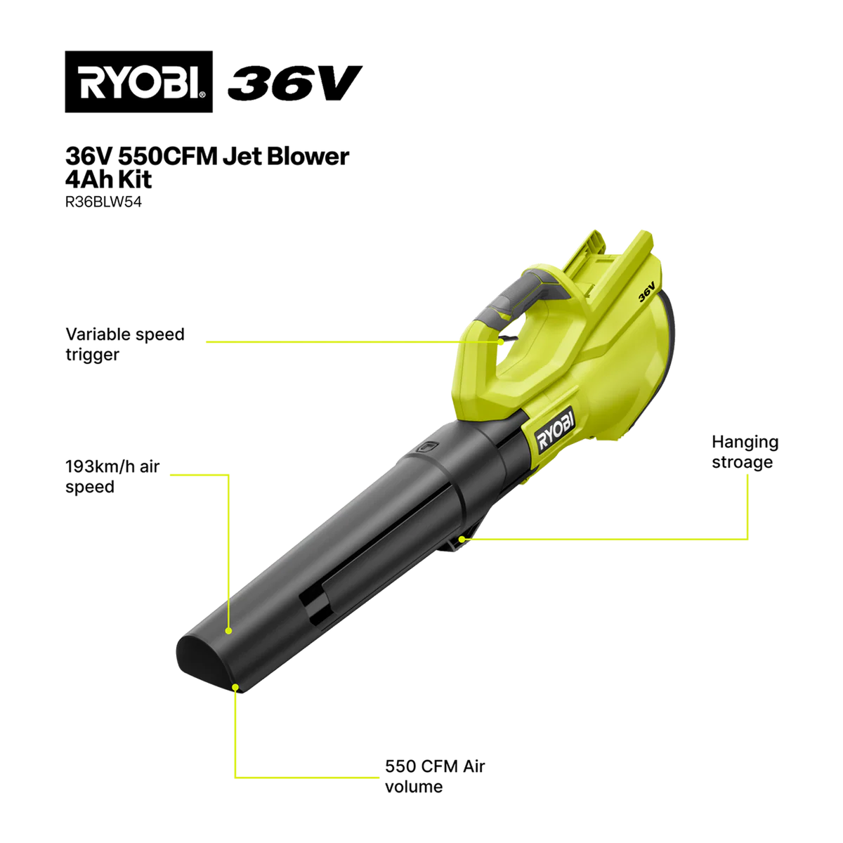 Ryobi 36V Jet Blower Kit - 550CFM - 4.0Ah Battery - 193km/h Air Speed - Image 2