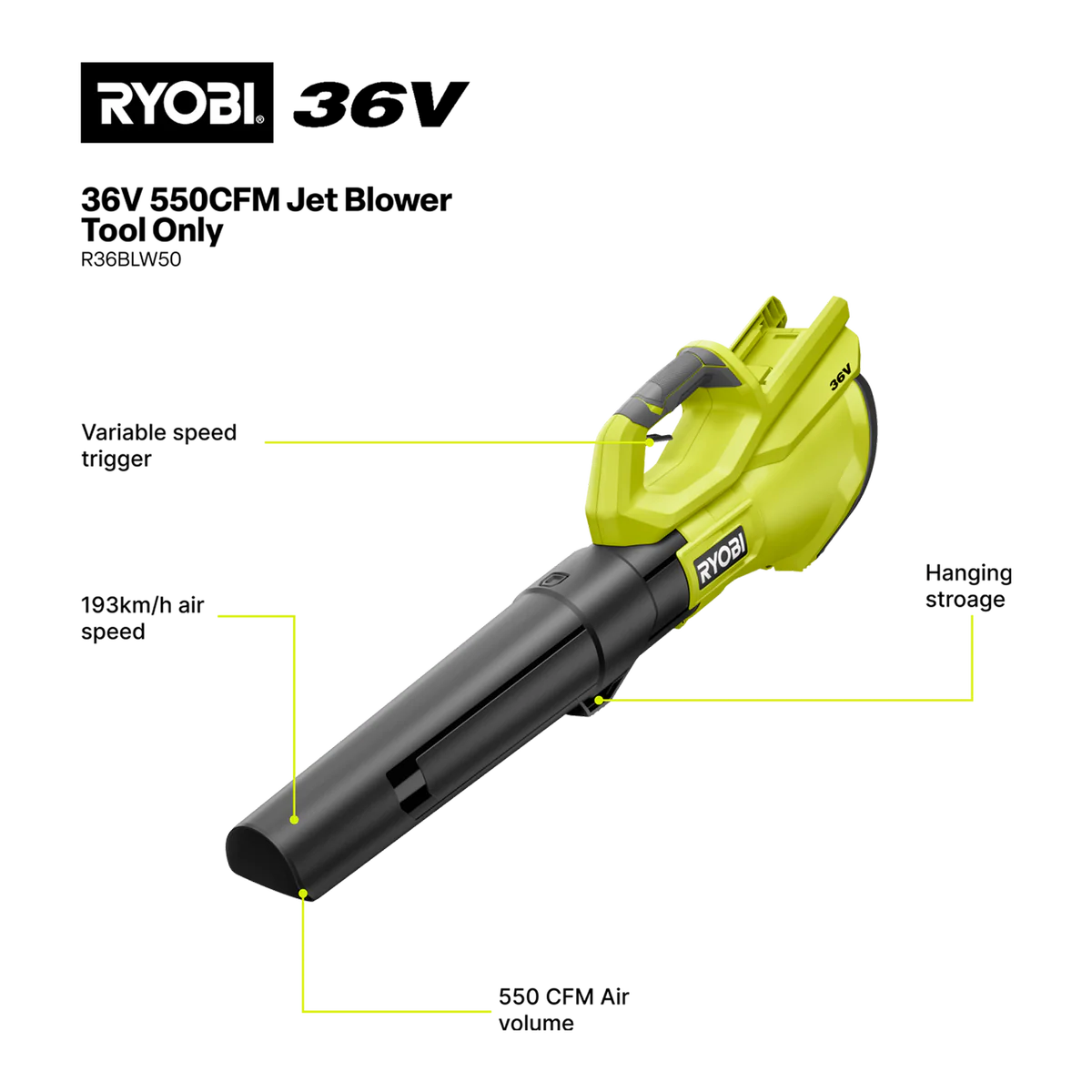 Ryobi 36V Jet Blower R36BLW50 - 550CFM - Tool Only - Efficient Debris Clearance - Image 2
