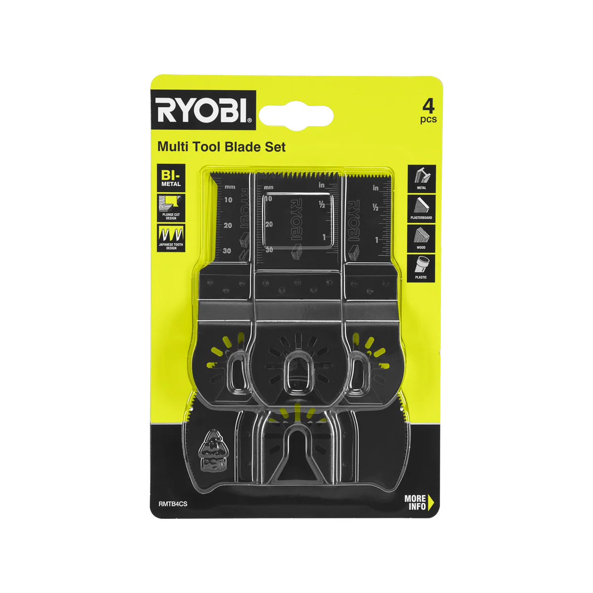Ryobi 4 Piece Multi Tool Blade Set - 32mm to 88mm - Cutting Timber, Metal, Plasterboard, Plastic