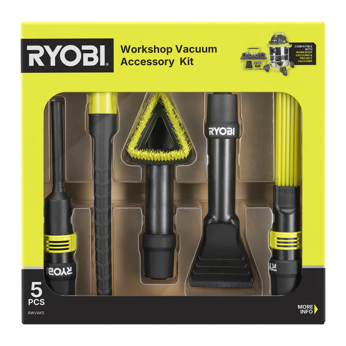 Ryobi 5 Piece Wet and Dry Vacuum Accessory Set - 400mm x 80mm x 420mm - Versatile Attachments - Image 2
