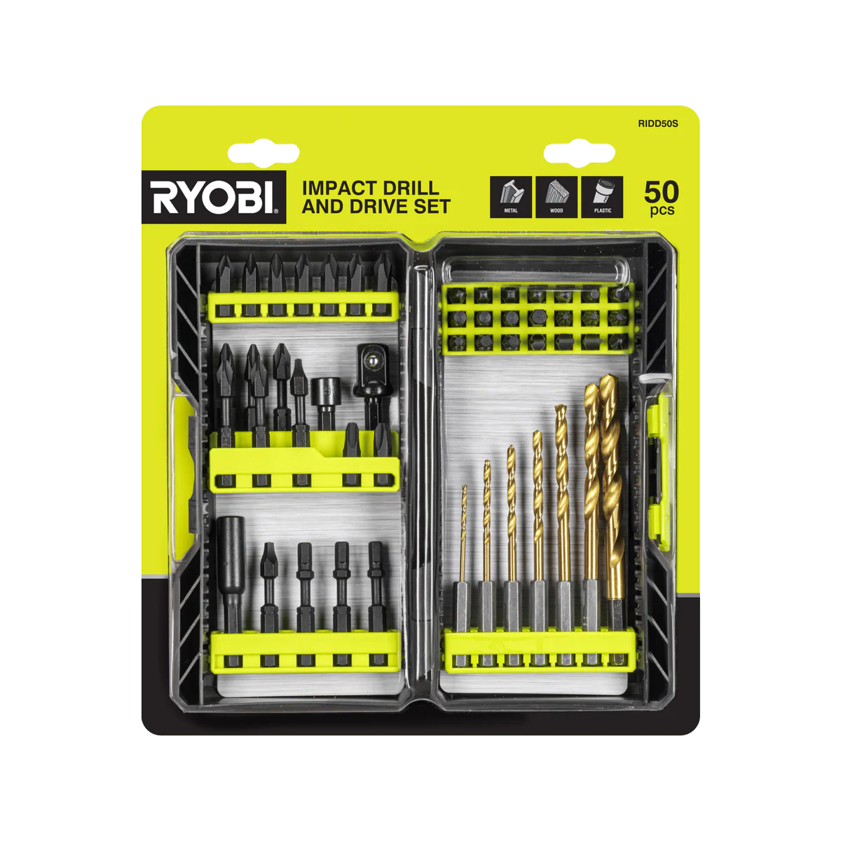 Ryobi 50 Piece Impact Drill and Drive Set - 225.4mm x 53mm x 254mm - Impact Absorption