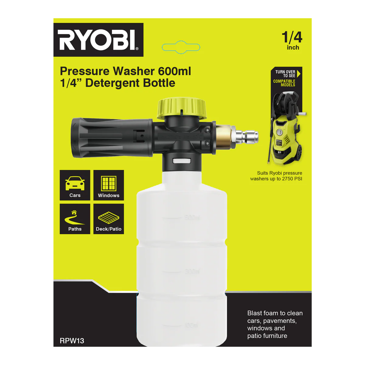 Ryobi 600ml Pressure Washer Detergent Bottle - Automatic Mixing - Adjustable Nozzle - Image 4