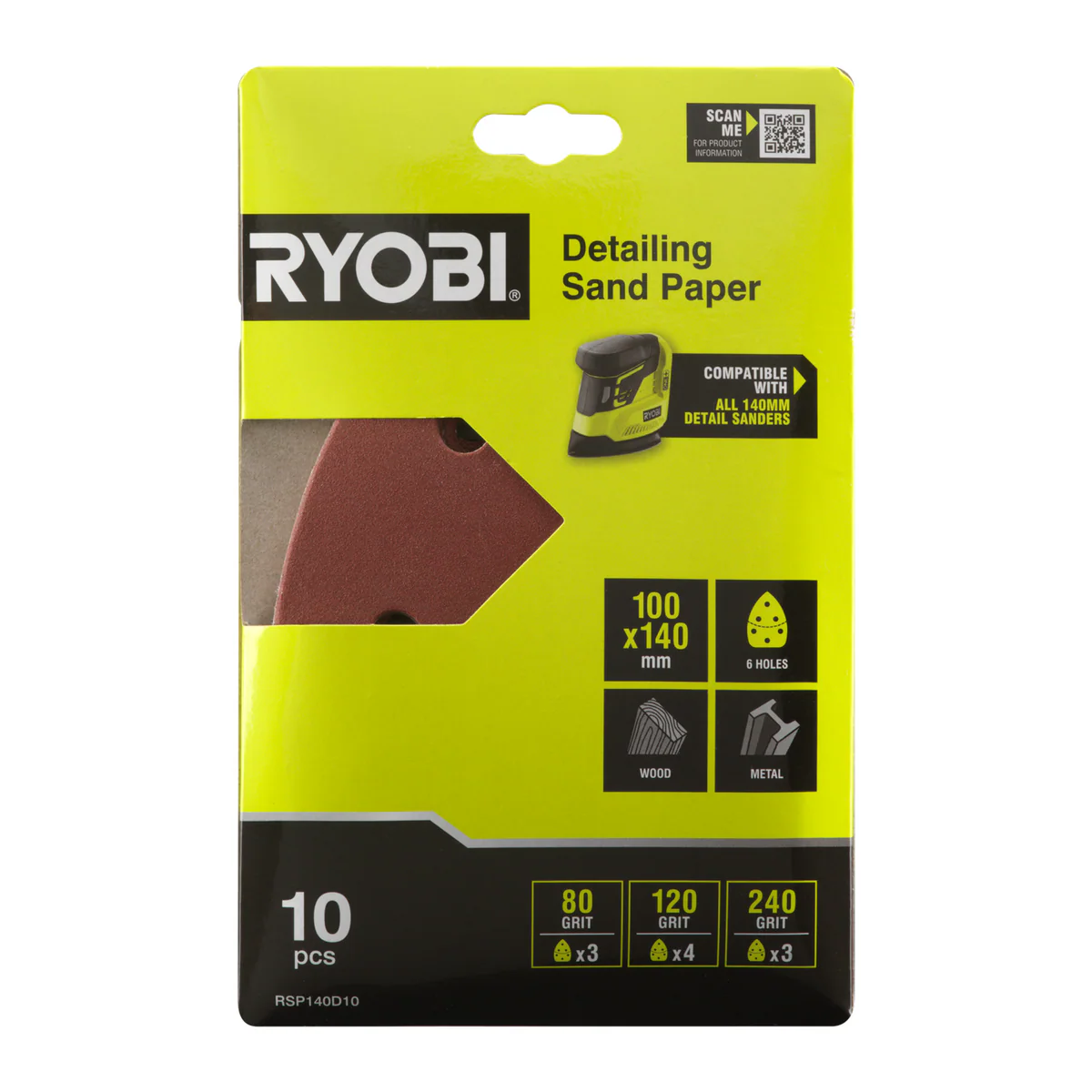 Ryobi Detail Sanding Set - 10 Piece - 100 x 140mm - 80/120/240 Grit - Image 4
