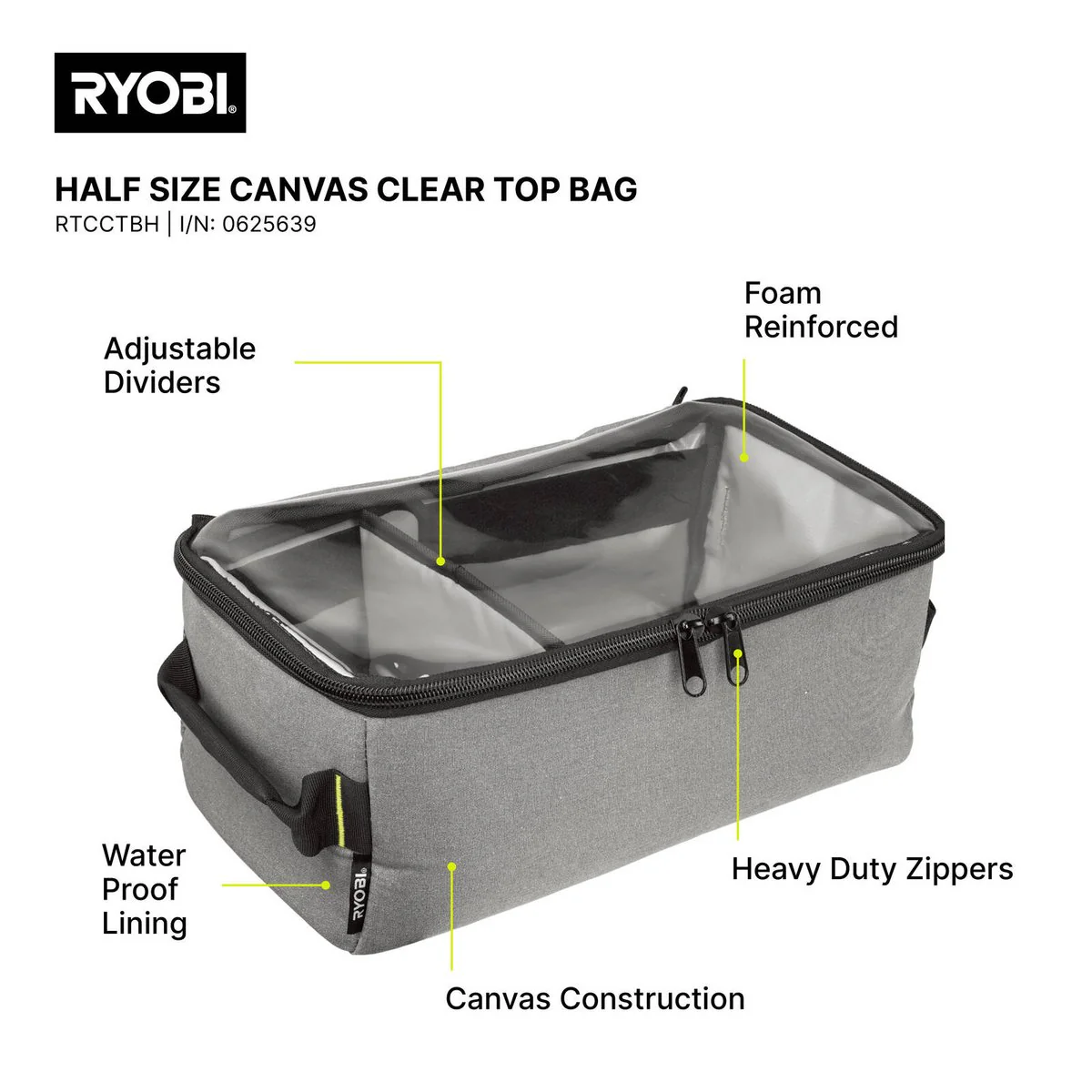 Ryobi Half Size Clear Top Traxx Canvas Bag - 240mm x 170mm x 440mm - Water-Resistant - Image 2