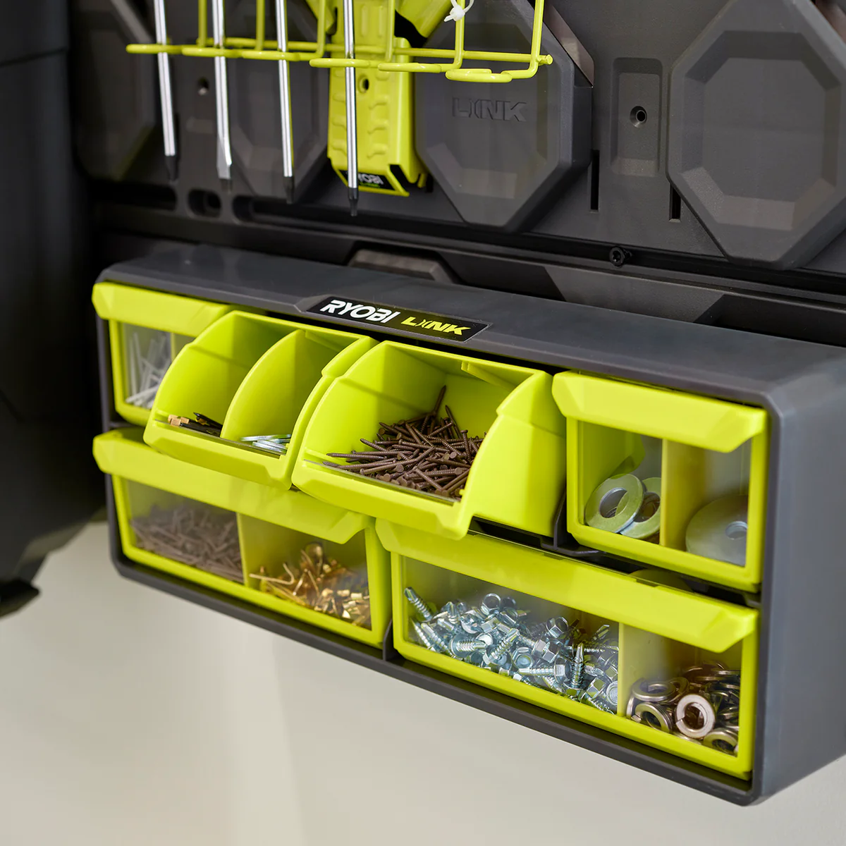 Ryobi Link Small Wall Parts Organiser - 6 Clear Bins - 168mm x 94mm x 394mm - Image 5
