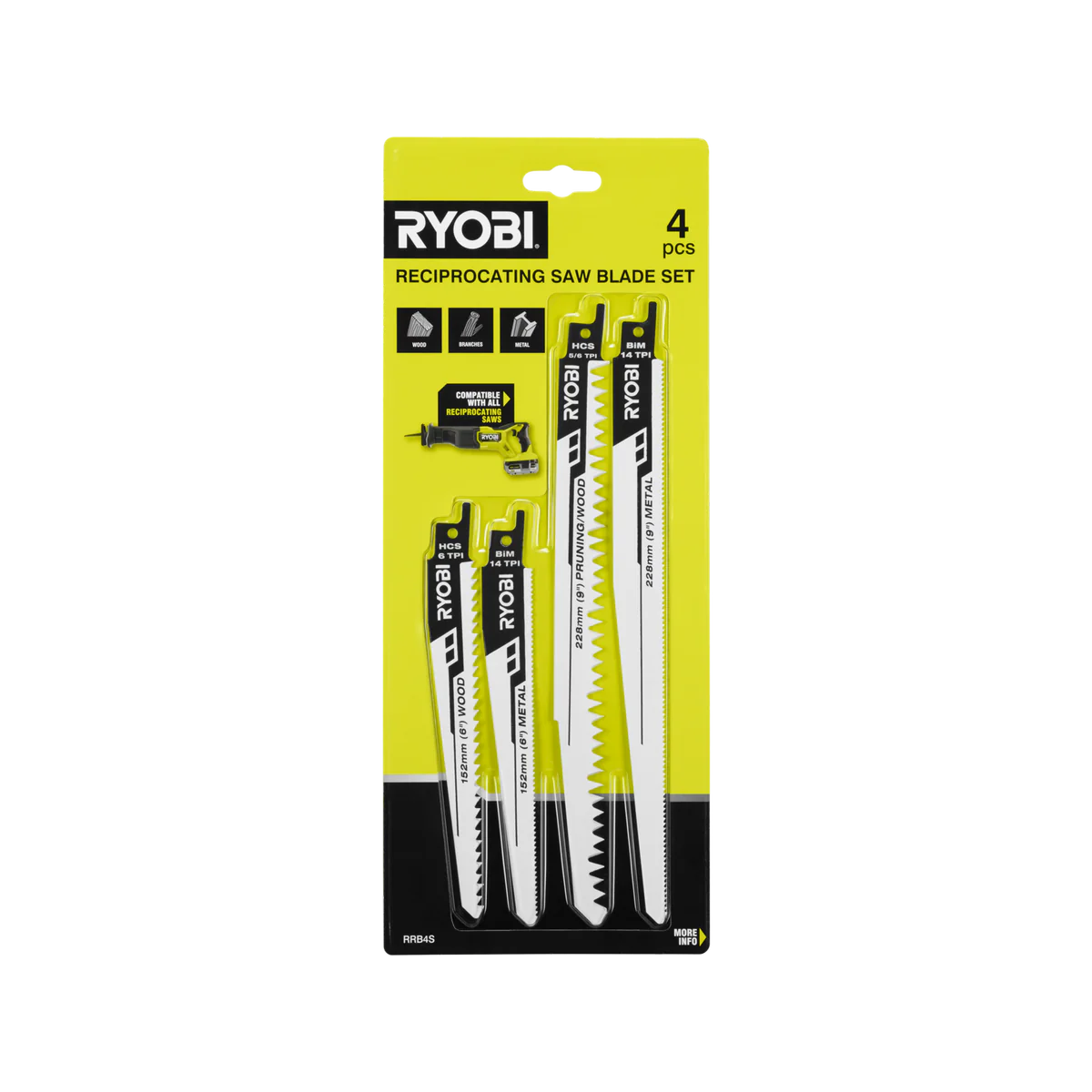 Ryobi Reciprocating Saw Blade Set - 4 Piece - 9" Blades - Wood & Metal Cutting - Image 2