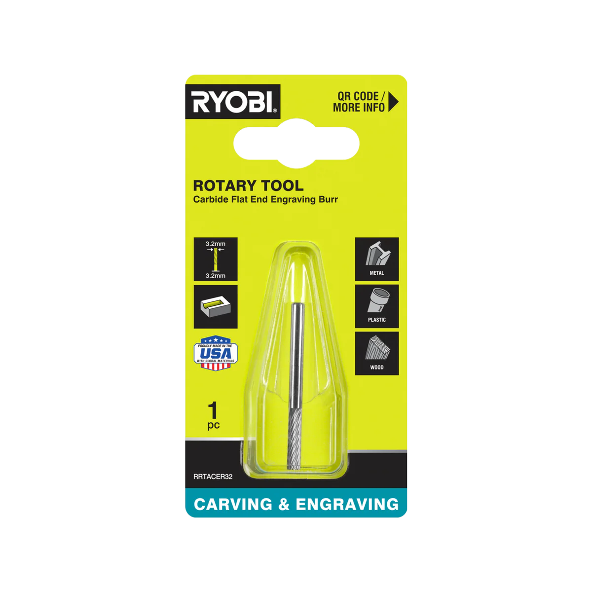 Ryobi Rotary Rectangle Carbide Burr - 3.2mm - Precision Engraving Tool
