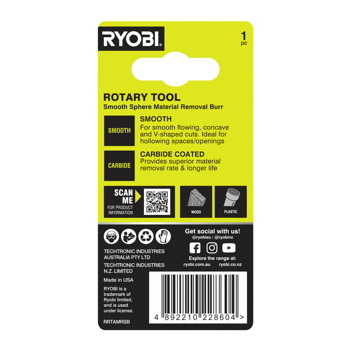 Ryobi Rotary Smooth Sphere Material Removal Burr - 51mm x 21mm x 101mm - Durable Carbide - Image 2