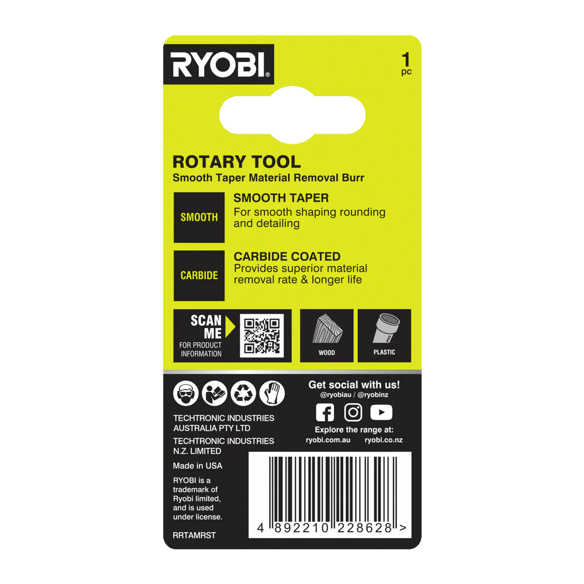 Ryobi Rotary Smooth Taper Material Removal Burr - 51mm x 21mm x 101mm - Durable Carbide - Image 2