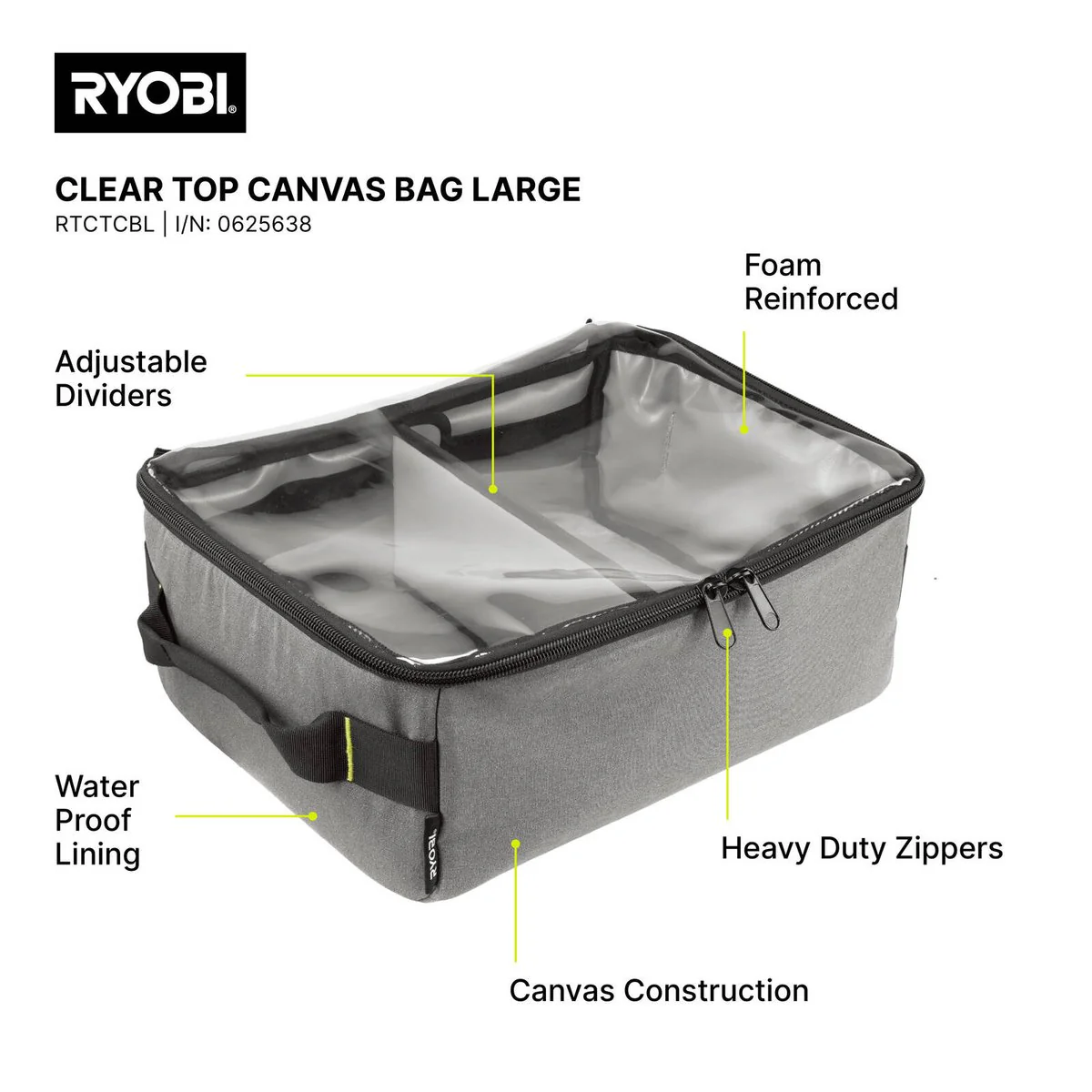 Ryobi Traxx Large Clear Top Canvas Bag - 340mm x 170mm x 460mm - Water-Resistant - Image 2