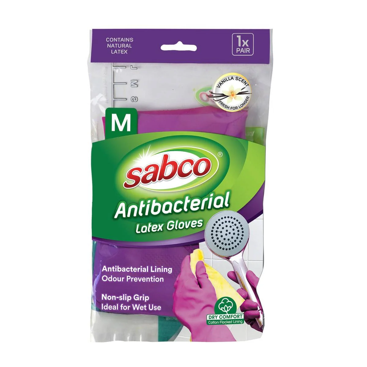 Sabco Antibacterial Latex Gloves - Medium - Latex - Household Use