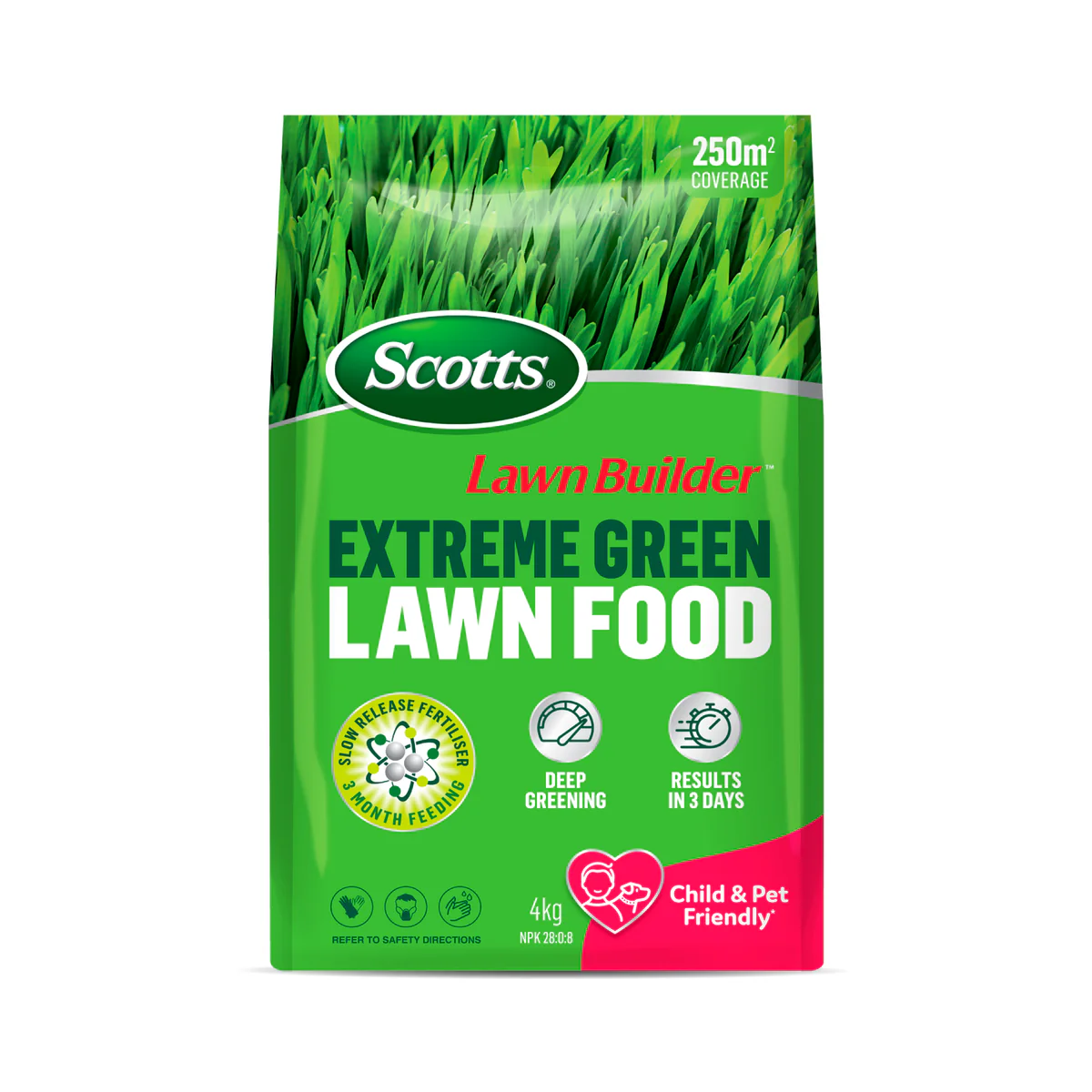 Scotts Lawn Builder 4kg Extreme Green Lawn Fertiliser - Granular - 250m2 Coverage - Pet Friendly