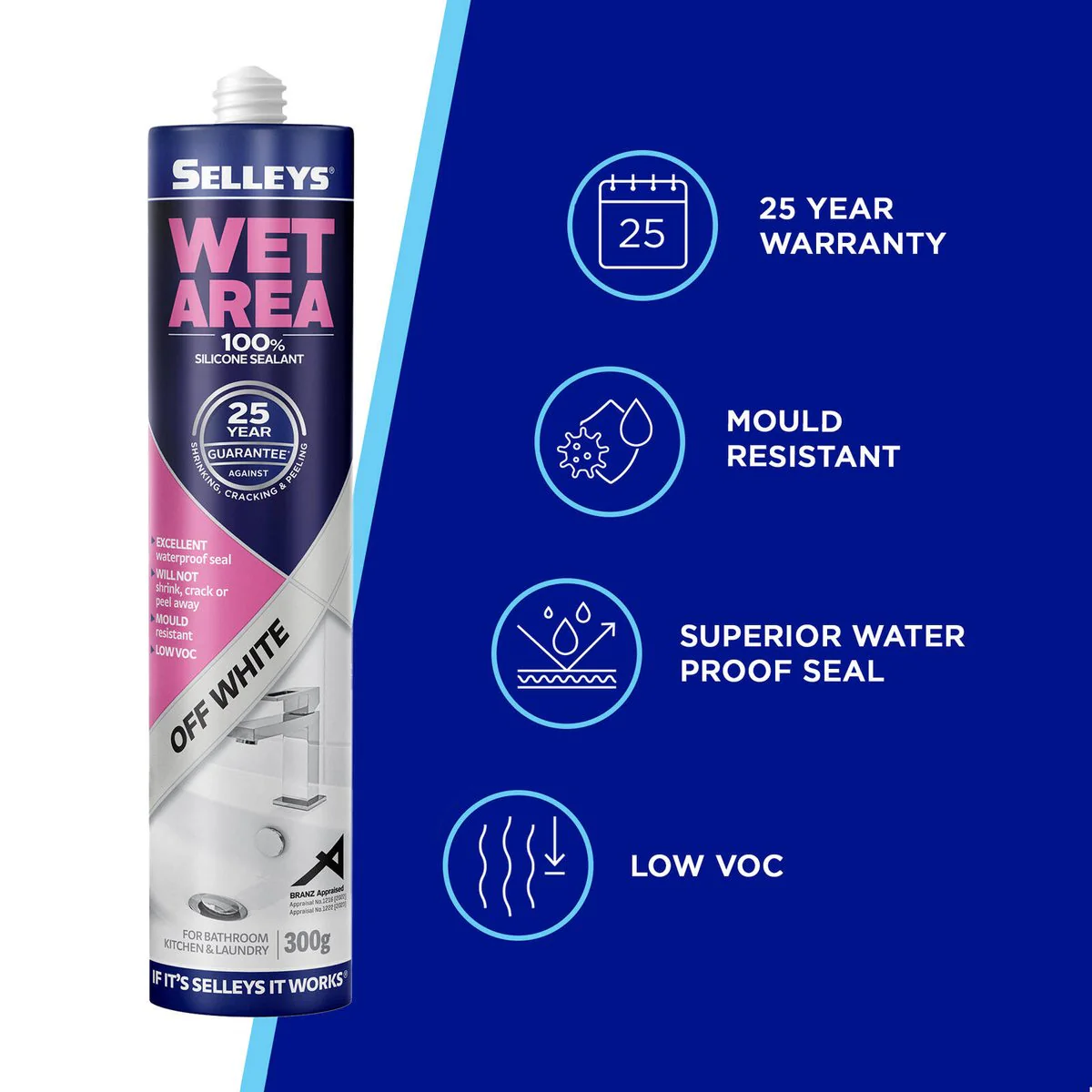 Selleys 300g Off White Waterproof Silicone Sealant - Mould Resistant - 25-Year Guarantee - Image 3